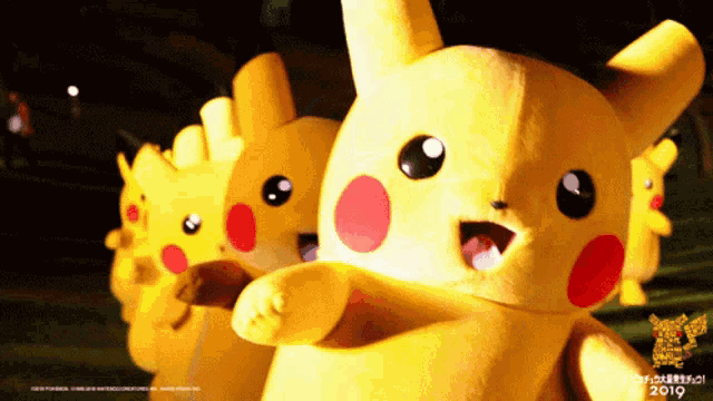 a bunch of pikachu stuffed animals are standing next to each other with the year 2019 on the bottom
