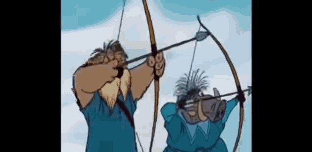 two cartoon characters are shooting bows and arrows in the sky .