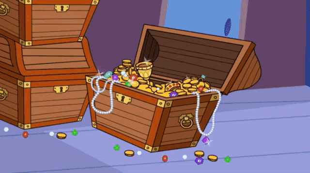 a wooden treasure chest filled with gold coins and gems