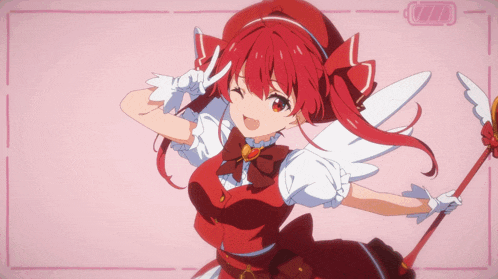 a girl with red hair and white wings is holding a wand and giving a peace sign