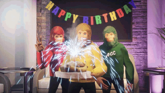 three monkeys are celebrating a birthday with a happy birthday banner