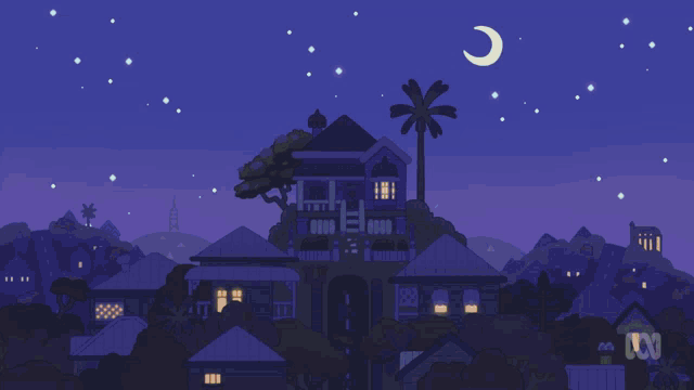 a cartoon drawing of a house with a palm tree in the foreground