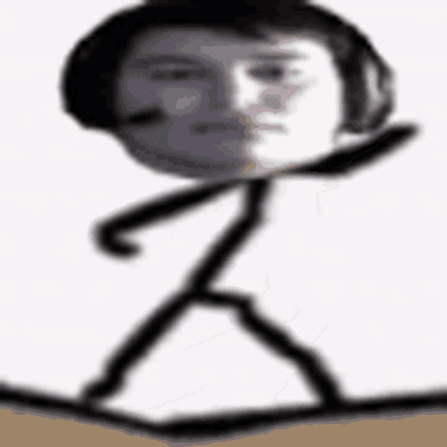 a stick figure with a microphone on his head is walking on a table .