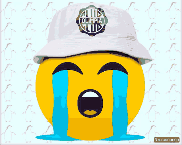a yellow smiley face with tears coming out of it wearing a white olympia hat