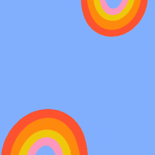 a blue background with a rainbow and yellow writing