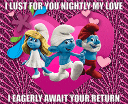 a valentine 's day card with smurfs and the words i lust for you nightly my love