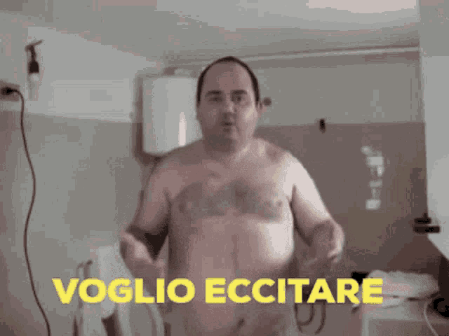 a shirtless man in a bathroom with the words la vostra ragazza written in yellow