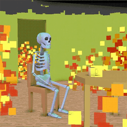a skeleton is sitting at a table in front of a fire
