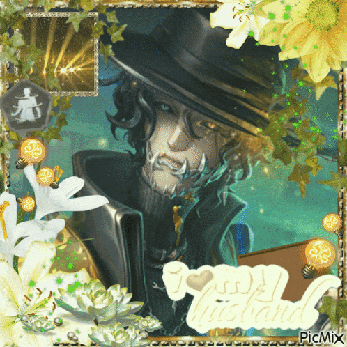 a picture of a man in a hat with the words " i love my husband "
