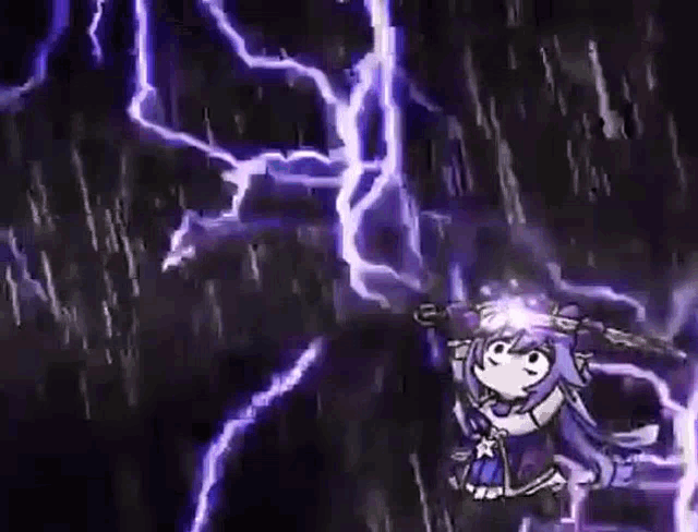 a cartoon girl is standing in front of a lightning bolt in the rain .