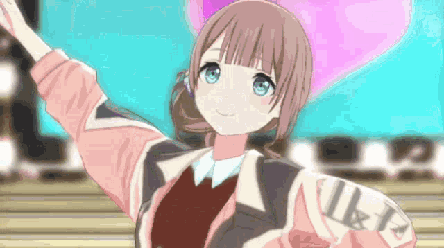 a girl in a pink jacket is dancing with her arms outstretched in front of a heart .