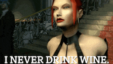 a woman with red hair is standing in front of stairs with the words i never drink wine