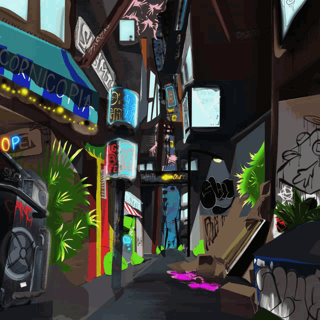 a cartoon drawing of a narrow alleyway with signs for cornicopia