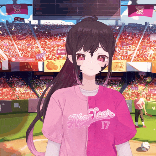 a girl in a pink jersey with the number 17 on the front