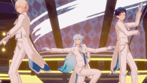 three anime characters are dancing on a stage with the words rainbow circus written on the bottom