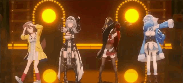 a group of anime girls are dancing on a stage in front of a yellow light .