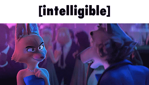 a fox in a blue dress is looking at a wolf in a suit ..