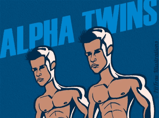 a cartoon drawing of two men with the words alpha twins written above them