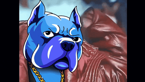 a cartoon of a blue dog with a gold chain around his neck