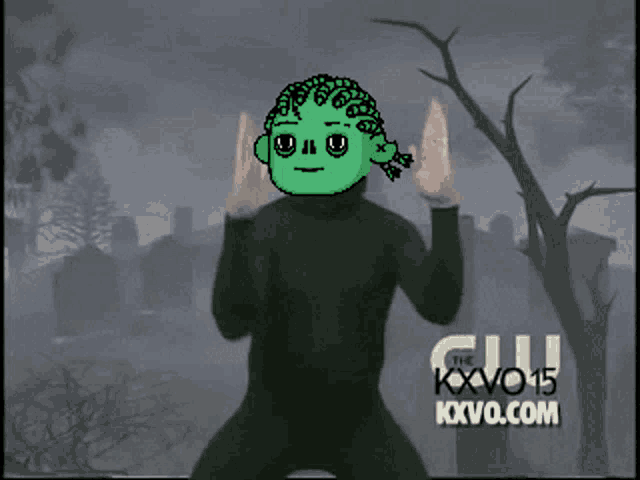 a cartoon of a person with a green face and the words kxvo15 kxvo.com on the bottom