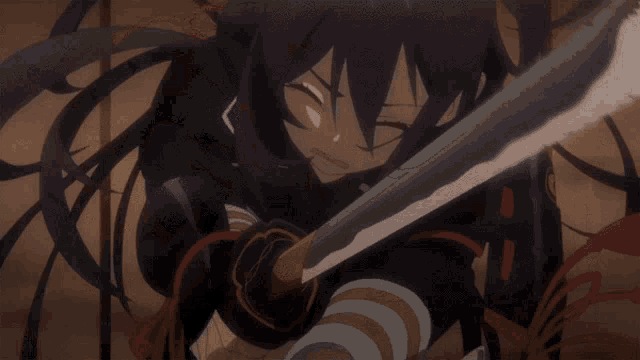 a cartoon character is laying down with a sword in her hand
