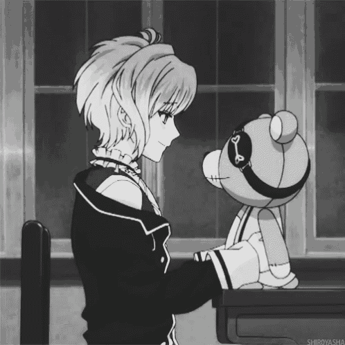 a black and white drawing of a girl holding a teddy bear with the word shiroyasha on the bottom