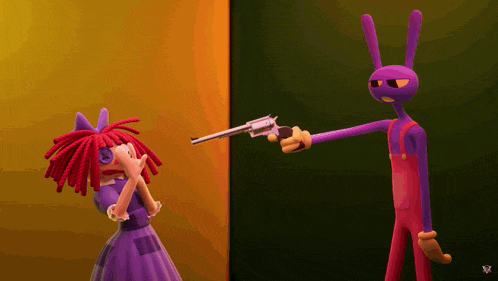 a purple rabbit is pointing a gun at a pink doll