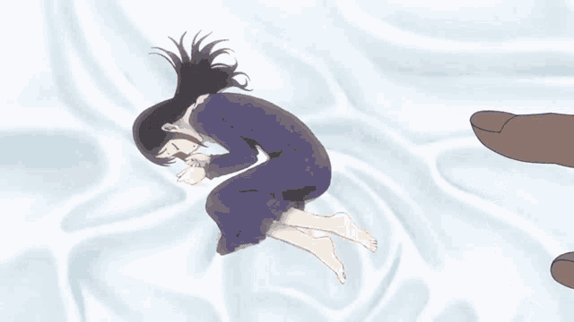 two anime girls are laying on a bed with a hand reaching out towards them