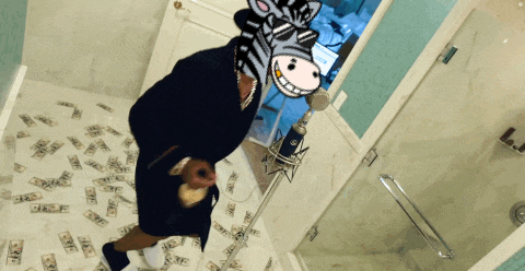 a person wearing a zebra mask is standing in a bathroom with money on the floor