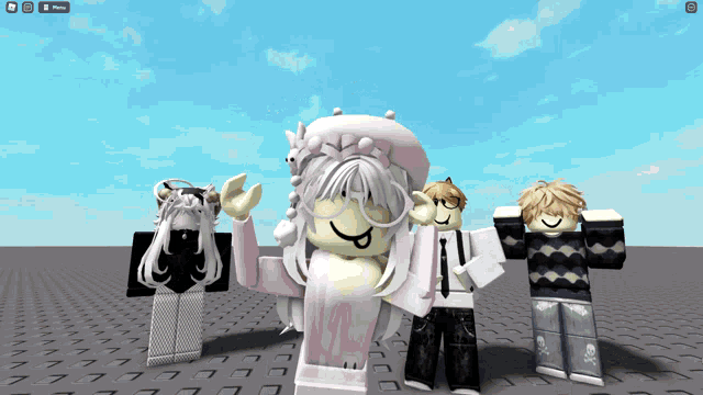 a group of roblox characters are posing for a picture in front of a blue sky