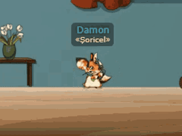a cartoon squirrel is holding a bouquet of flowers in front of a sign that says damon sonicel