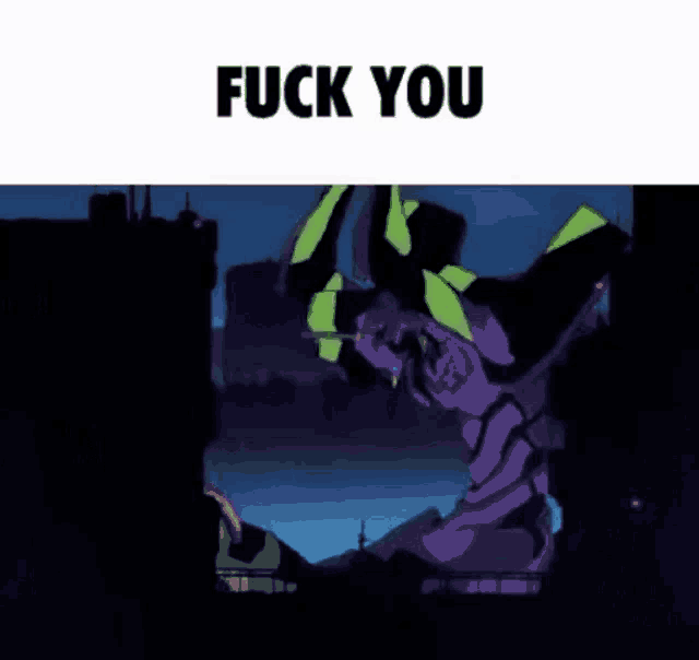 a picture of a purple and green robot with the words " fuck you " above it .