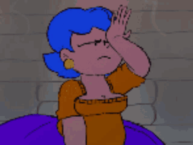 a cartoon of a woman with blue hair and a purple skirt
