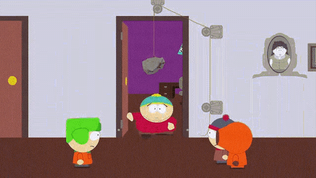 a group of cartoon characters are standing in a room with a person hanging from a rope .