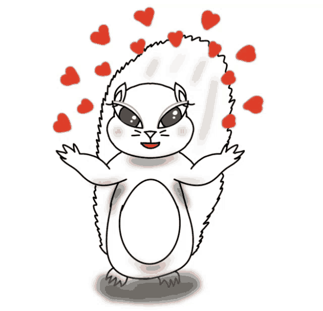 a cartoon drawing of a squirrel with hearts around it