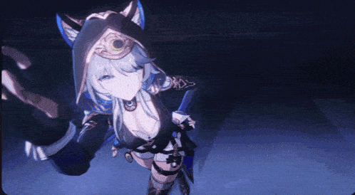 a girl with a hood on her head is holding a sword in her hand