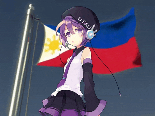 a girl wearing headphones and a hat that says utau is standing in front of a flag