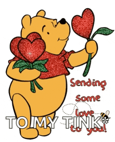 a cartoon of winnie the pooh holding hearts and a flower with the words sending some love to my tink