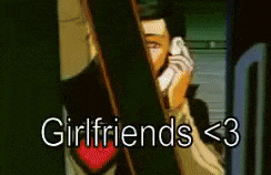 a cartoon of a man talking on a cell phone with the words girlfriends < 3 above him