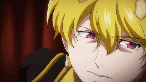 a close up of a anime character with yellow hair and purple eyes
