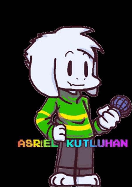 a cartoon of a goat holding a microphone and wearing a green and yellow striped shirt .