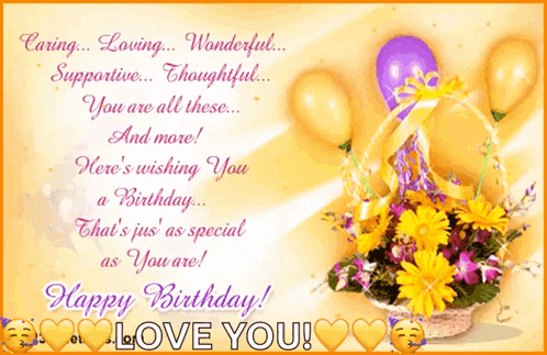 a birthday card with a basket of yellow flowers and balloons