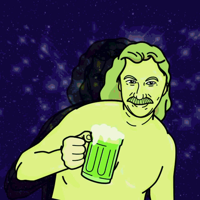 a cartoon of a shirtless man holding a green mug