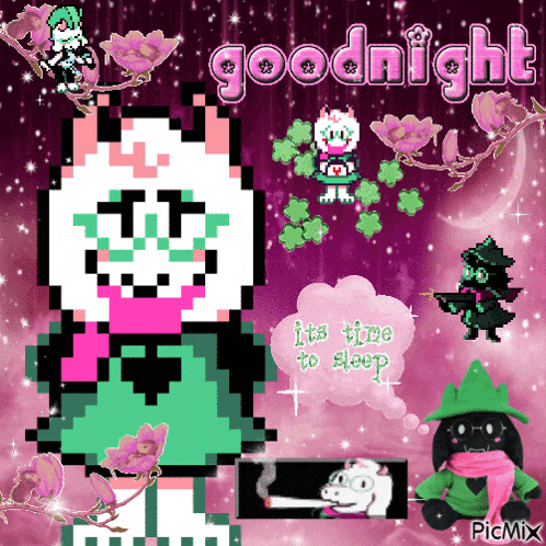 a pixel art of a cat with the words goodnight written on it