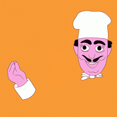 a pink chef with a white hat and mustache
