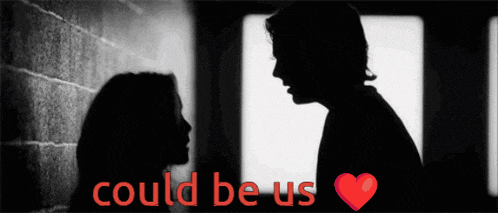 a black and white photo of a man and woman with the words " could be us " below them