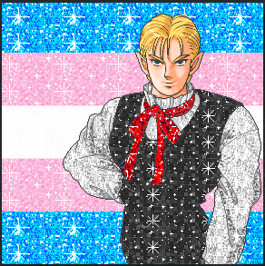 a pixel art of a man wearing a sweater vest with a red bow tie
