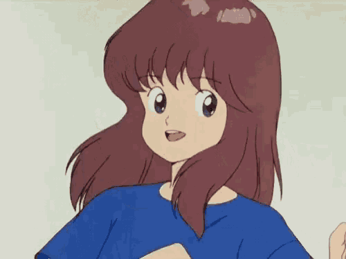 a cartoon girl with long brown hair and a blue shirt