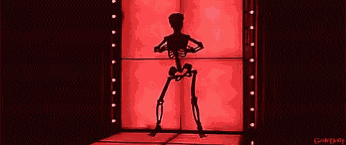 a skeleton is dancing in front of a red background .