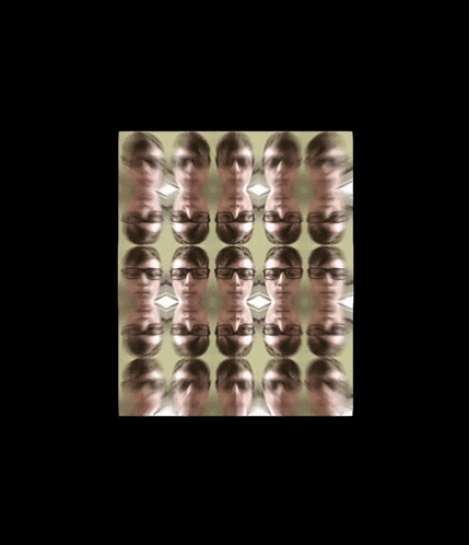 a man with glasses is reflected in a kaleidoscope of faces